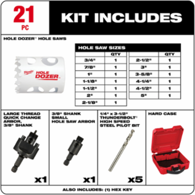 HOLE DOZER™ 21-Piece Bi-Metal Hole Saw Kit, Multiple Sizes, 3/5 TPI
