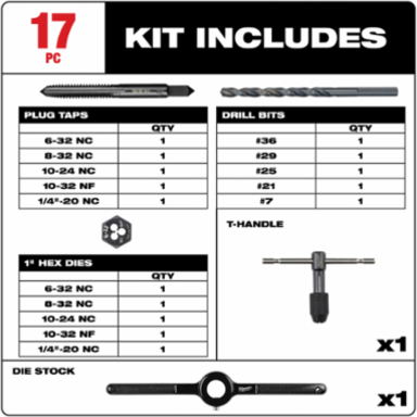 17PC SAE Tap and Die Set with Hex Dies and Black Oxide Coating