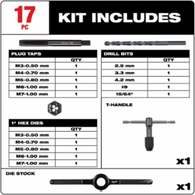 17PC Metric Tap and Die Set - High Carbon Steel, 1-Inch Die Stock, Black Oxide