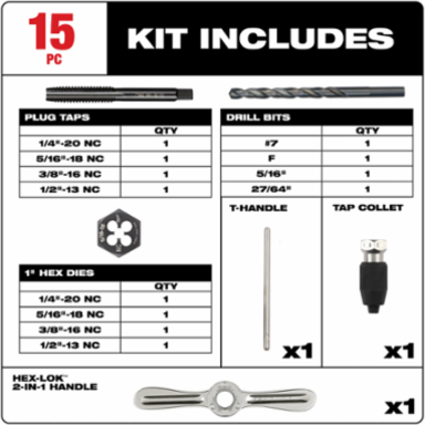 15PC SAE Tap and Die Set with HEX-LOKTM Handle, Black Oxide Coated, High Carbon Steel