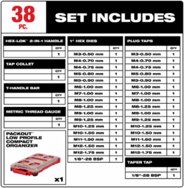 38PC Metric Tap & Die Set with Hex-LOKTM 1 Inch Dies, Black Oxide Coating