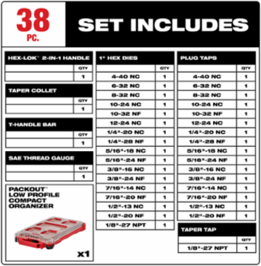 38PC SAE Tap & Die PACKOUT™ Set with Black Oxide Coating, Hex-LOK™ Handle