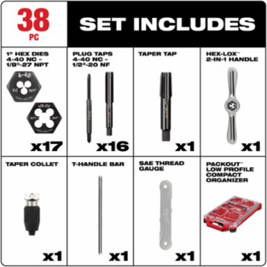 38PC SAE Tap & Die PACKOUT™ Set with Black Oxide Coating, Hex-LOK™ Handle