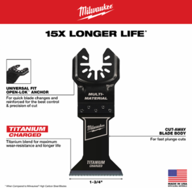 OPEN-LOK™ 1-3/4 Inch Titanium Charged™ Bi-Metal Multi-Tool Blade, 2-3/16 Inch Max Plunge Depth