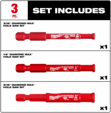Diamond Max™ 3-Piece Hole Saw Set, 3/16", 1/4", 5/16" Bit Sizes