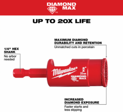 Diamond Max 3/4 Inch Hole Saw Bit, Diamond Coated, 0.5 Inch Drilling Depth