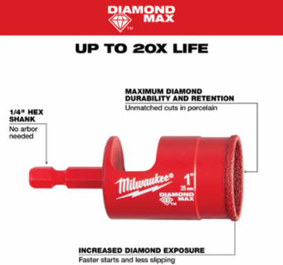 Diamond Max 1 Inch Hole Saw Bit, Diamond Coated, 0.55 Inch Length, Fast Cutting