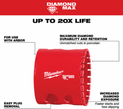 2 Inch Diamond Max Hole Saw, Diamond Coated, 4 Teeth per Inch
