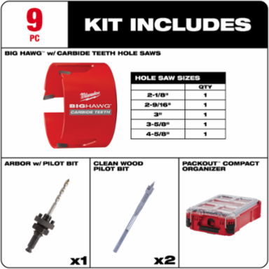 BIG HAWG™ 9-Pc Carbide Tipped Hole Saw Kit with 2-1/8" to 4-5/8" Sizes