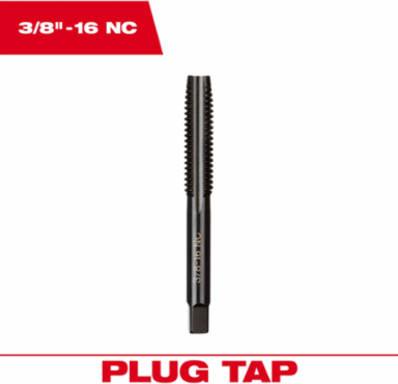 3/8 Inch-16 NC Straight Flute Plug Tap, 2.75 Inch Length, High Carbon Steel
