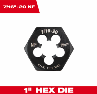 7/16"-20 NF Hex Threading Die, 1 Inch, High Carbon Steel, Black Oxide Coating