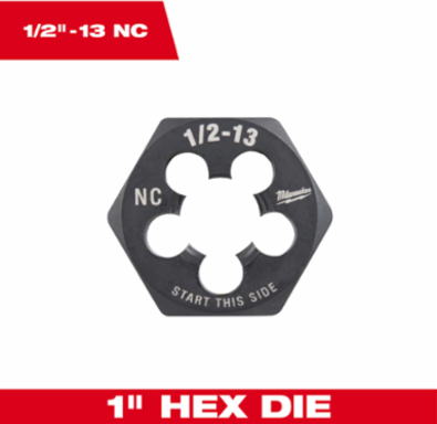 1-Inch Hex Threading Die, 1/2-13 UNC, High Carbon Steel, Black Oxide Coating