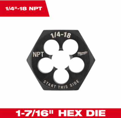 1/4 Inch NPT Hex Threading Die, 1-7/16 Inch Hex, High Carbon Steel