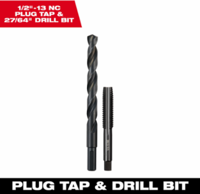 1/2 Inch-13 NC Straight Flute Plug Tap with 27/64 Inch Drill Bit, High Carbon Steel
