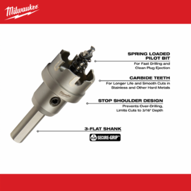1-1/8 Inch One-Piece Carbide Hole Cutter, Carbide Tipped, 3/8 Inch Chuck Size