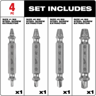 M2 Steel Screw Extractor Set, Extracts #4 - #24 Screws, 1/4" Hex Drive