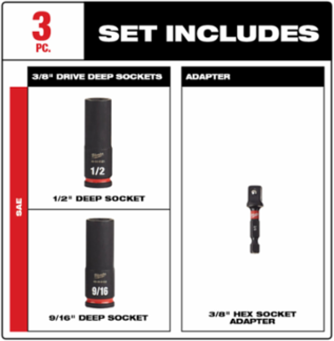 SHOCKWAVE Impact Duty 3/8 Inch Drive Deep Socket Set - 3 Pieces, 6-Point Design