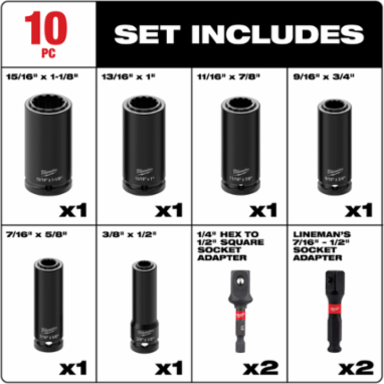 10PC Shockwave™ Impact Duty Lineman's 2-in-1 12PT Socket Set, 1/2 Inch Drive