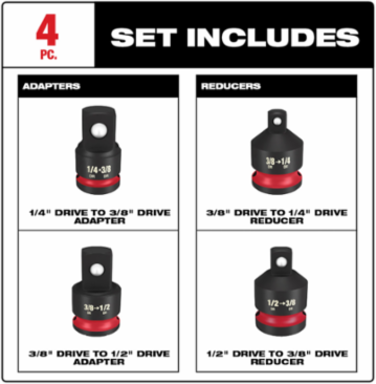 SHOCKWAVE Impact Duty 1/4 Inch to 1/2 Inch Drive Adapter Set, 4 Pieces, Chromium Molybdenum