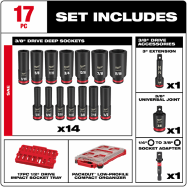 17PC SHOCKWAVE Impact Duty Socket Set with 3/8 Inch Drive, Chrome Molybdenum Steel