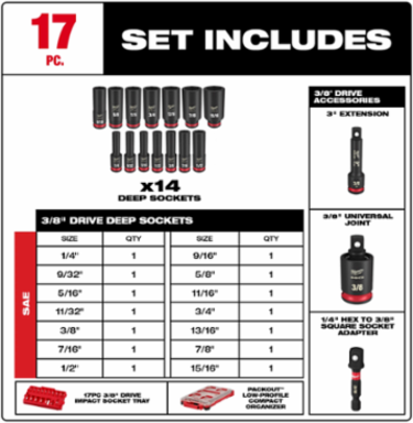 17PC SHOCKWAVE Impact Duty Socket Set with 3/8 Inch Drive, Chrome Molybdenum Steel