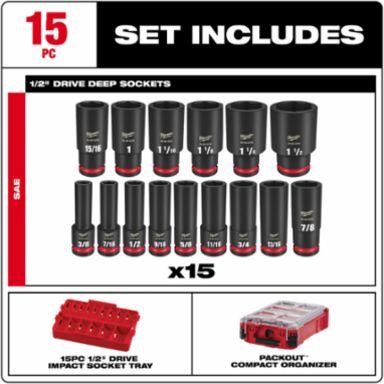 15PC SHOCKWAVE Impact Duty Socket Set 1/2 Inch Drive, Deep SAE, Chrome Molybdenum Steel
