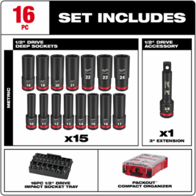 16PC SHOCKWAVE Impact Duty Socket Set 1/2 Inch Drive, Chrome Molybdenum Steel