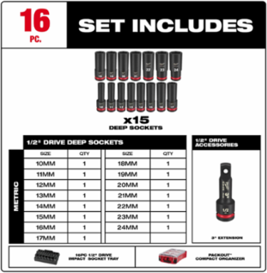 16PC SHOCKWAVE Impact Duty Socket Set 1/2 Inch Drive, Chrome Molybdenum Steel