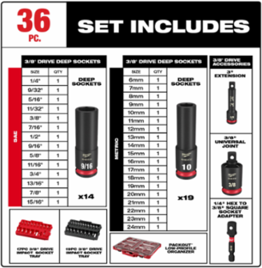 36PC SHOCKWAVE Impact Duty Socket Set, 3/8 Inch Drive, Chrome Molybdenum Steel