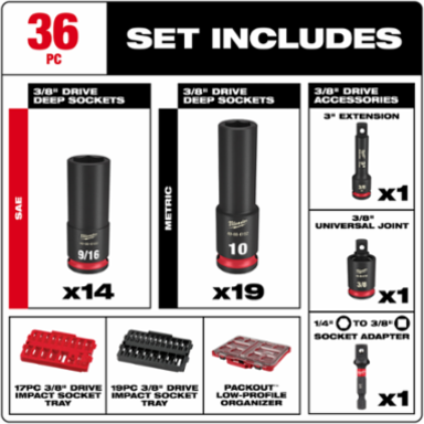 36PC SHOCKWAVE Impact Duty Socket Set, 3/8 Inch Drive, Chrome Molybdenum Steel