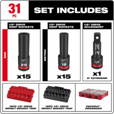 SHOCKWAVE Impact Duty 31PC Socket Set with 1/2 Inch Drive and 3 Inch Extension