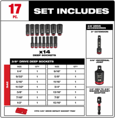17PC SHOCKWAVE Impact Duty 3/8 Inch Drive SAE Socket Set, Includes 14 Deep Sockets