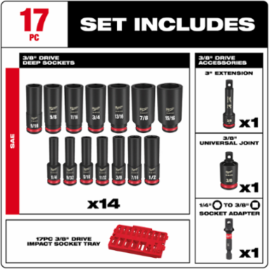17PC SHOCKWAVE Impact Duty 3/8 Inch Drive SAE Socket Set, Includes 14 Deep Sockets