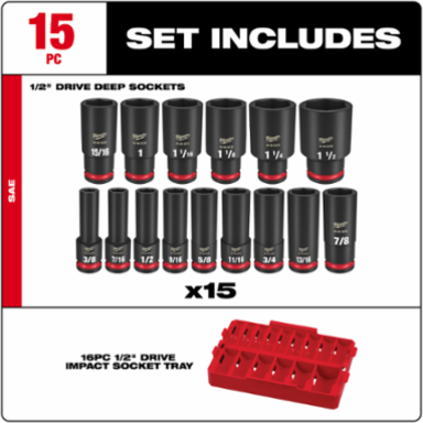 15PC SHOCKWAVE Impact Duty Socket Set, 1/2 Inch Drive, SAE, Chrome Molybdenum Steel