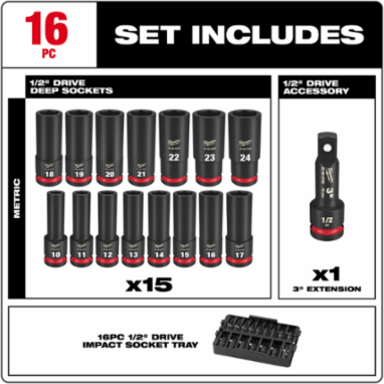 16PC SHOCKWAVE Impact Duty Socket Set, 1/2 Inch Drive, Metric Sizes 10mm-24mm