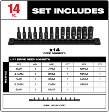 14PC SHOCKWAVE Impact Duty Metric Deep Socket Set, 1/4 in Drive, 6-Point, Forged Steel