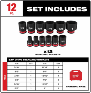 SHOCKWAVE 12PC Impact Duty 3/8 Inch Drive Socket Set, Forged Steel, 6 Point