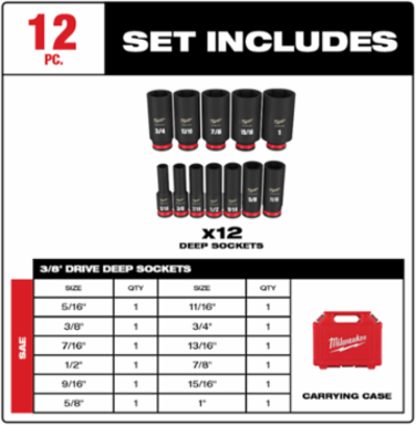 SHOCKWAVE Impact Duty 12PC 3/8 Inch Drive SAE Deep 6 Point Socket Set