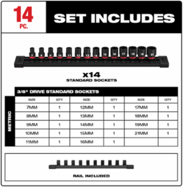 SHOCKWAVE Impact Duty 14PC 3/8 Inch Drive Metric 6 Point Socket Set