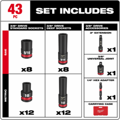 43PC SHOCKWAVE Impact Duty 3/8 Inch Drive Socket Set, Forged Steel, 6 Point