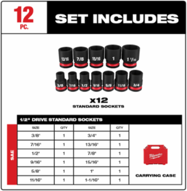 12-Piece SHOCKWAVE Impact Duty 1/2 Inch Drive SAE 6 Point Socket Set