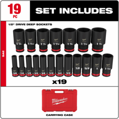 SHOCKWAVE Impact Duty 19PC 1/2 Inch Drive SAE Deep Socket Set, Forged Steel
