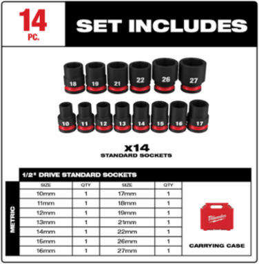 SHOCKWAVE Impact Duty 1/2 Inch Drive 14PC Metric Socket Set, 6 Point