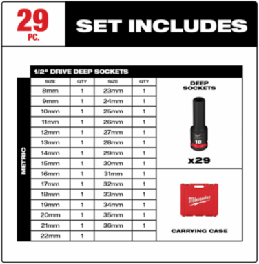 SHOCKWAVE Impact Duty 1/2 Inch Drive 29PC Metric Deep Socket Set, 6 Point