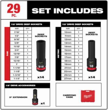 29-Piece SHOCKWAVE Impact Duty 1/2 Inch Drive Deep Socket Set, Forged Steel, 6-Point