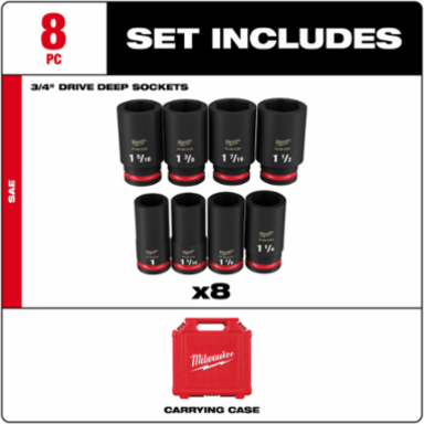 8PC SHOCKWAVE Impact Duty 3/4 Inch Drive SAE Deep Socket Set, 6 Point, Forged Steel