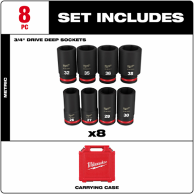 8-Piece 3/4 Inch Drive Metric Deep Socket Set, Forged Steel, Impact Rated