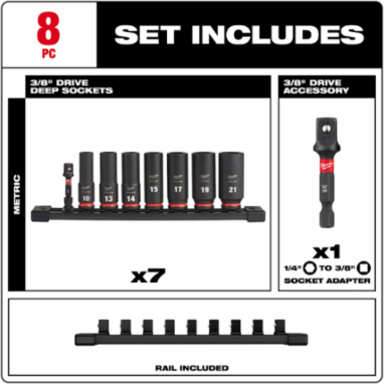 SHOCKWAVE Impact Duty 8PC 3/8 Inch Drive Metric Deep Socket Set, 6-Point Design