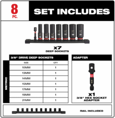 SHOCKWAVE Impact Duty 8PC 3/8 Inch Drive Metric Deep Socket Set, 6-Point Design