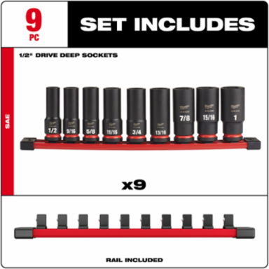 SHOCKWAVE Impact Duty 9PC 1/2 Inch Drive SAE Deep Socket Set, Forged Steel